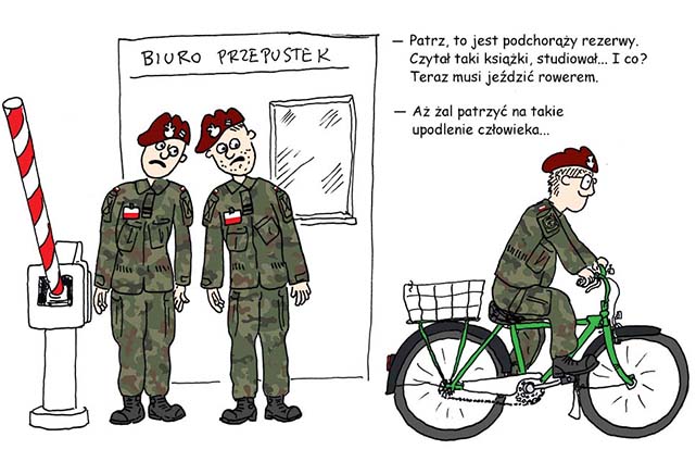Ćwiczenia rezerwy 2020: 6 Brygada Powietrznodesantowa 6 batalion logistyczny. Podchorąży rezerwy wjeżdża rowerem na teren jednostki. Rysunek: Maciej Dziadyk