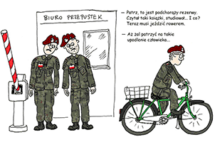 Ćwiczenia rezerwy 2020: 6 Brygada Powietrznodesantowa 6 batalion logistyczny. Podchorąży rezerwy wjeżdża rowerem na teren jednostki. Rysunek: Maciej Dziadyk